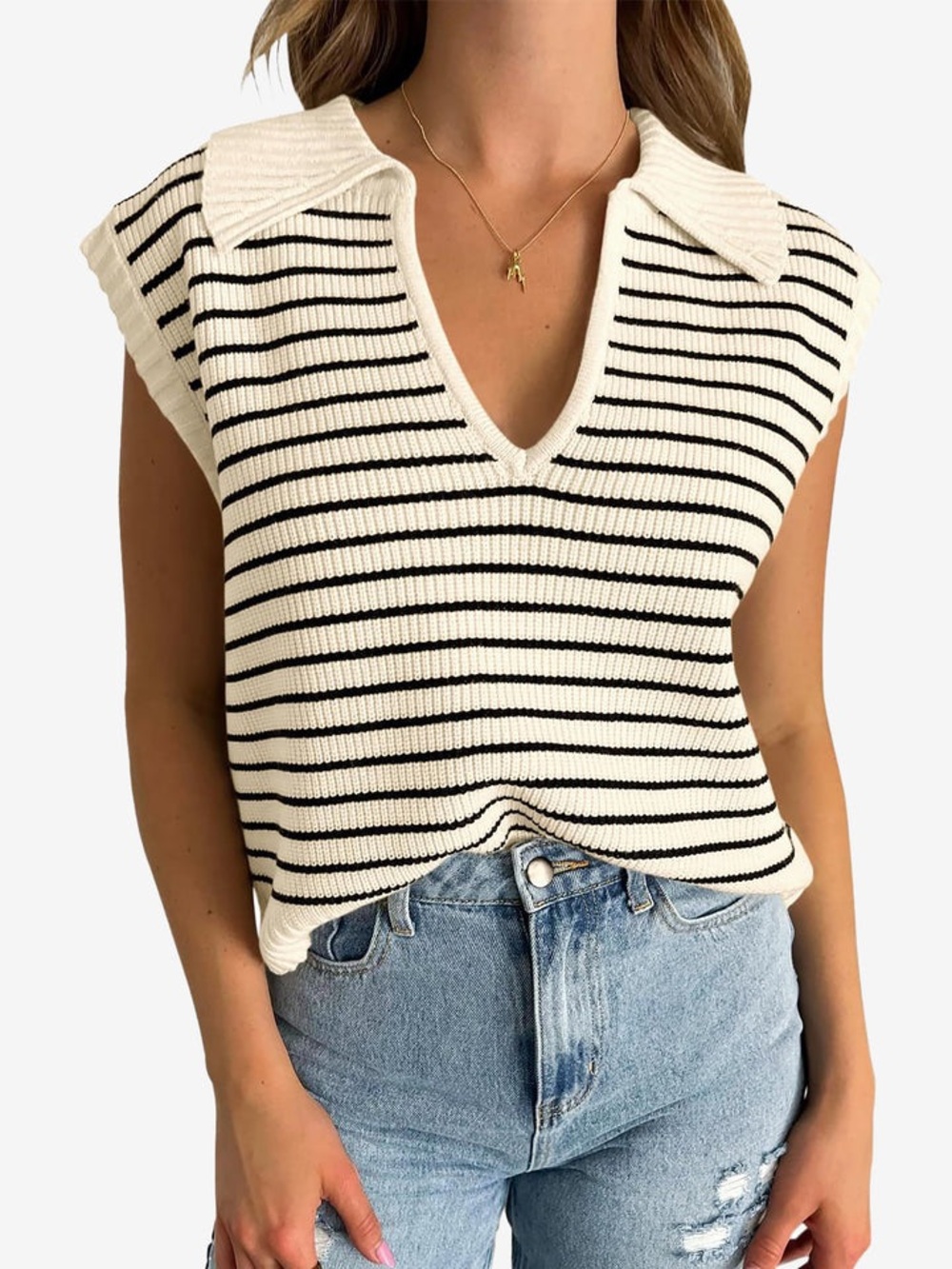 By Together Cream and Black Striped Knit Sleeveless V-Neck Sweater Vest